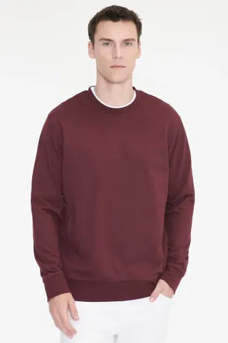 Erkek Bordo Pamuklu Standart Fit Normal Kesim 2 İplik Bisiklet Yaka Sweatshirt - Bordo - 1