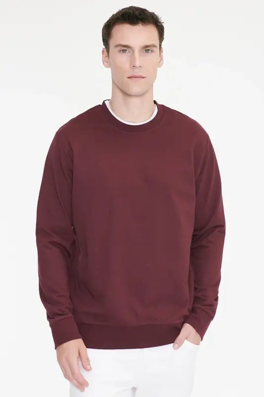 Erkek Bordo Pamuklu Standart Fit Normal Kesim 2 İplik Bisiklet Yaka Sweatshirt - Bordo - 1
