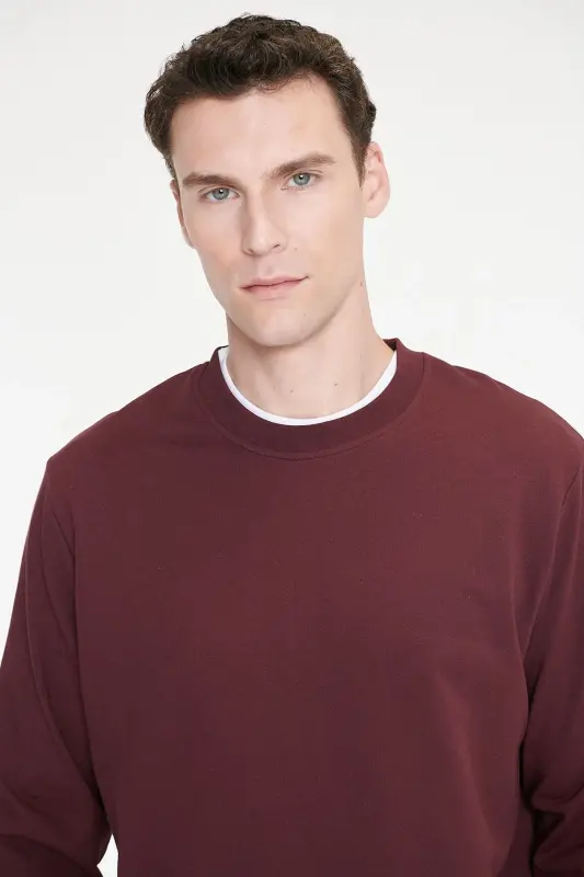 Erkek Bordo Pamuklu Standart Fit Normal Kesim 2 İplik Bisiklet Yaka Sweatshirt - Bordo - 2