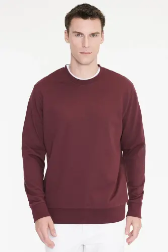 Erkek Bordo Pamuklu Standart Fit Normal Kesim 2 İplik Bisiklet Yaka Sweatshirt - Bordo - 4