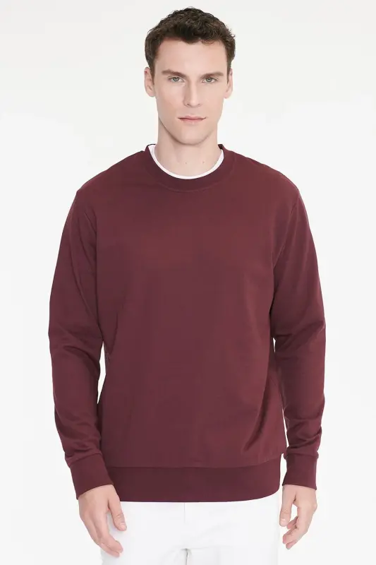 Erkek Bordo Pamuklu Standart Fit Normal Kesim 2 İplik Bisiklet Yaka Sweatshirt - Bordo - 4