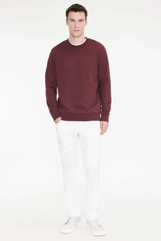 Erkek Bordo Pamuklu Standart Fit Normal Kesim 2 İplik Bisiklet Yaka Sweatshirt - Bordo - 5