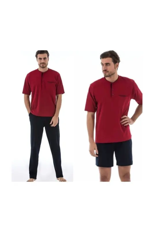 Erkek Bordo Penye Pijama Takımı 3'lü-Bordo - 1