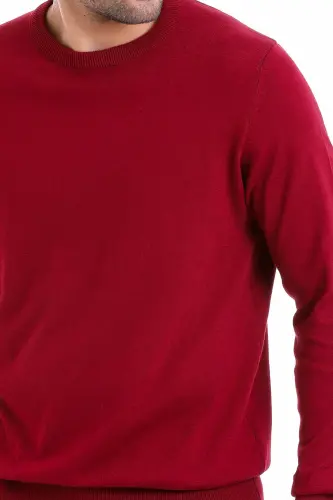 Erkek Bordo Regular Fit %100 Pamuk Bisiklet Yaka Triko Kazak-Bordo - 4