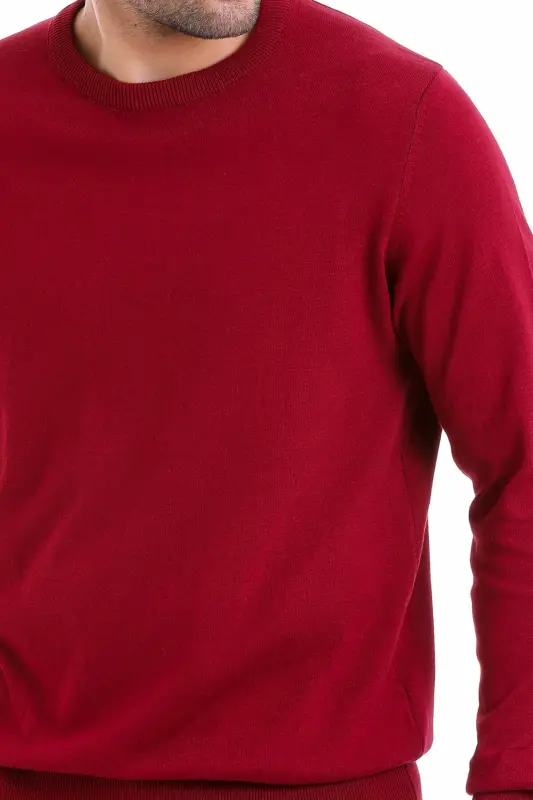 Erkek Bordo Regular Fit %100 Pamuk Bisiklet Yaka Triko Kazak-Bordo - 4