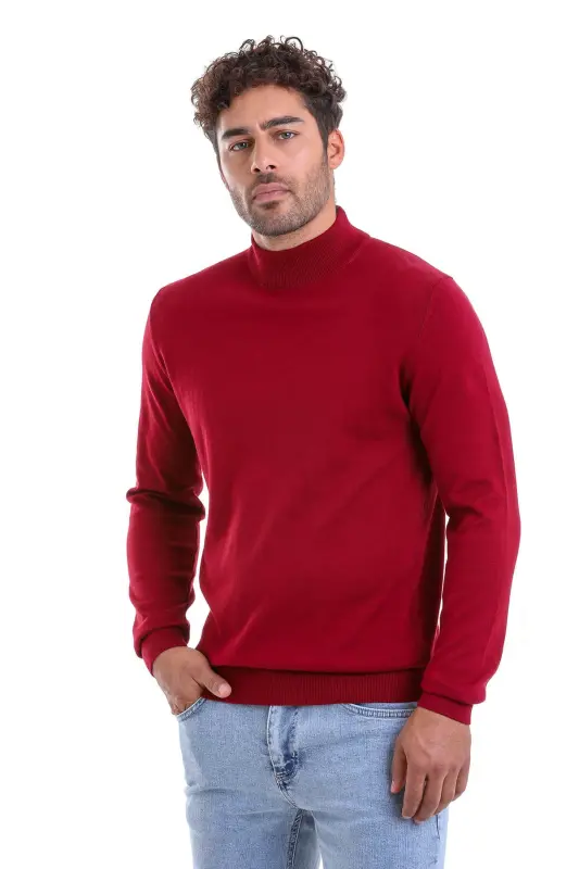 Bordo Regular Fit Düz 100% Pamuk Yarım Balıkçı Yaka Triko Kazak - Bordo - 2