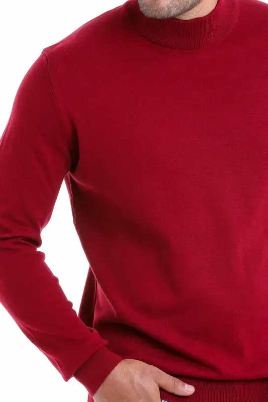 Bordo Regular Fit Düz 100% Pamuk Yarım Balıkçı Yaka Triko Kazak - Bordo - 4