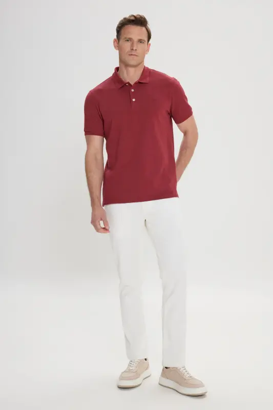 Erkek Bordo Slim Fit Dar Kesim Polo Yaka %100 Pamuk Kısa Kollu Tişört - Bordo - 2