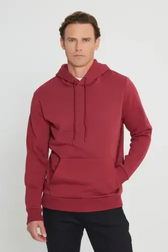 Erkek Bordo Standart Fit Içi Polarlı 3 Iplik Kapüşonlu Kanguru Cepli Pamuklu Sweatshirt-Bordo - 1