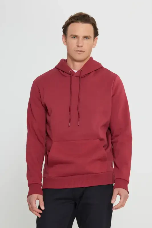 Erkek Bordo Standart Fit Içi Polarlı 3 Iplik Kapüşonlu Kanguru Cepli Pamuklu Sweatshirt-Bordo - 3