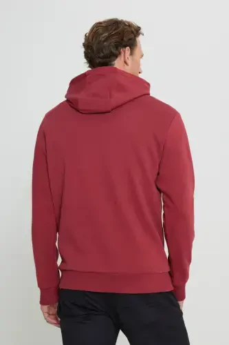 Erkek Bordo Standart Fit Içi Polarlı 3 Iplik Kapüşonlu Kanguru Cepli Pamuklu Sweatshirt-Bordo - 5