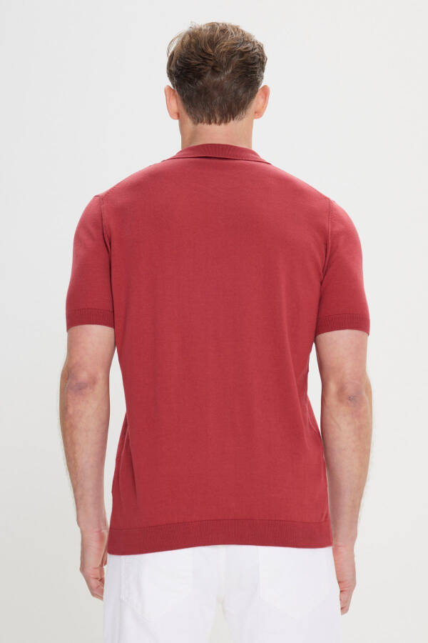 Erkek Bordo Standart Fit Normal Kesim %100 Pamuk Kendinden Desenli Polo Yaka Triko Tişört - Bordo - 5