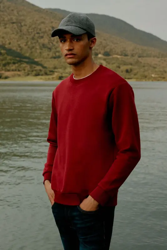 Erkek Bordo Standart Fit Normal Kesim Içi Polarlı 3 Iplik Bisiklet Yaka Pamuklu Sweatshirt - Bordo - 2