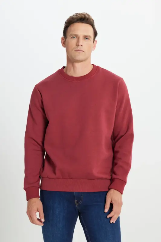 Erkek Bordo Standart Fit Normal Kesim Içi Polarlı 3 Iplik Bisiklet Yaka Pamuklu Sweatshirt - Bordo - 3