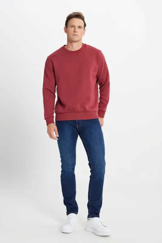 Erkek Bordo Standart Fit Normal Kesim Içi Polarlı 3 Iplik Bisiklet Yaka Pamuklu Sweatshirt - Bordo - 4