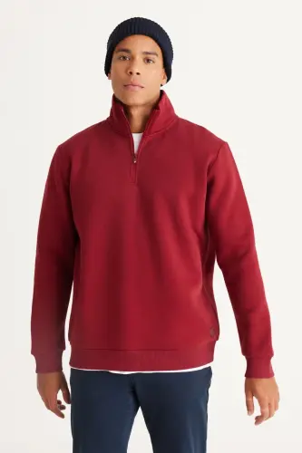 Erkek Bordo Standart Fit Normal Kesim Içi Polarlı Fermuarlı Dik Bato Yaka Pamuklu Sweatshirt - Bordo 