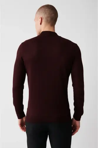Erkek Bordo Yarım Balıkçı Yaka Önü Desenli Kazak A32Y5193 - Bordo - 4