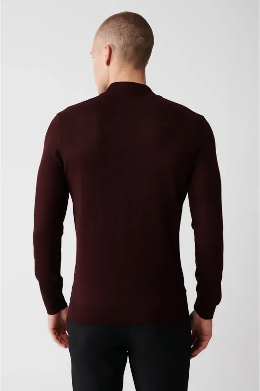 Erkek Bordo Yarım Balıkçı Yaka Önü Desenli Kazak A32Y5193 - Bordo - 4