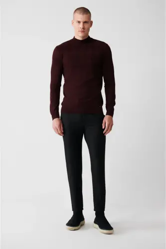 Erkek Bordo Yarım Balıkçı Yaka Önü Desenli Kazak A32Y5193 - Bordo - 5
