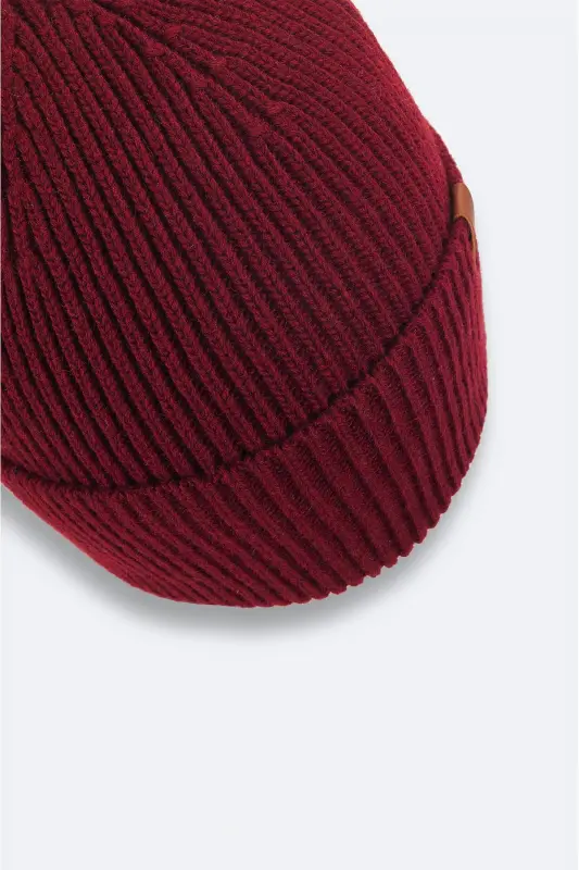 Erkek Bordo Yün Karışımlı Logolu Fitilli Bere B009200 - Bordo - 3