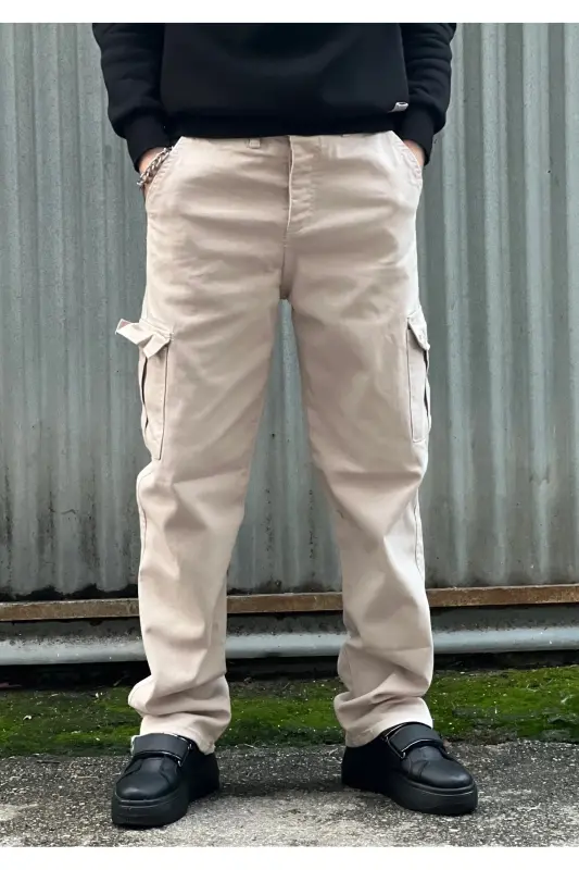 Erkek Boru Paça Baggy Kargo Pantalon Kkb - Krem - WAMOSS