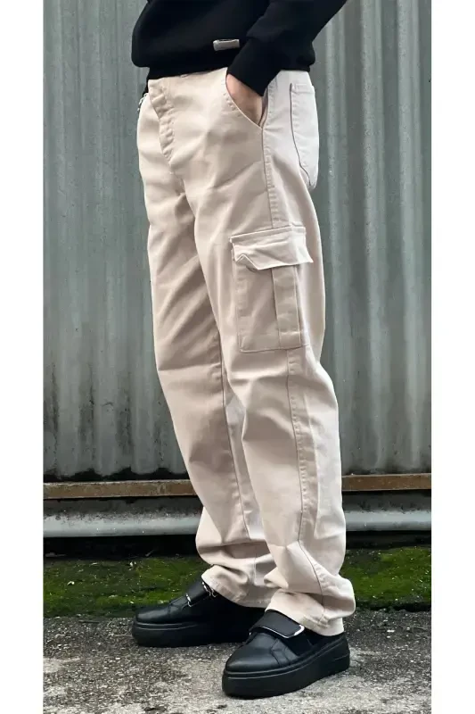 Erkek Boru Paça Baggy Kargo Pantalon Kkb-Krem - 3