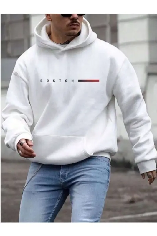 Erkek BOSTON = Baskılı Oversize Kapüşonlu Sweatshirt-beyaz - MOONBULL