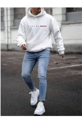 Erkek BOSTON = Baskılı Oversize Kapüşonlu Sweatshirt-beyaz - MOONBULL (1)