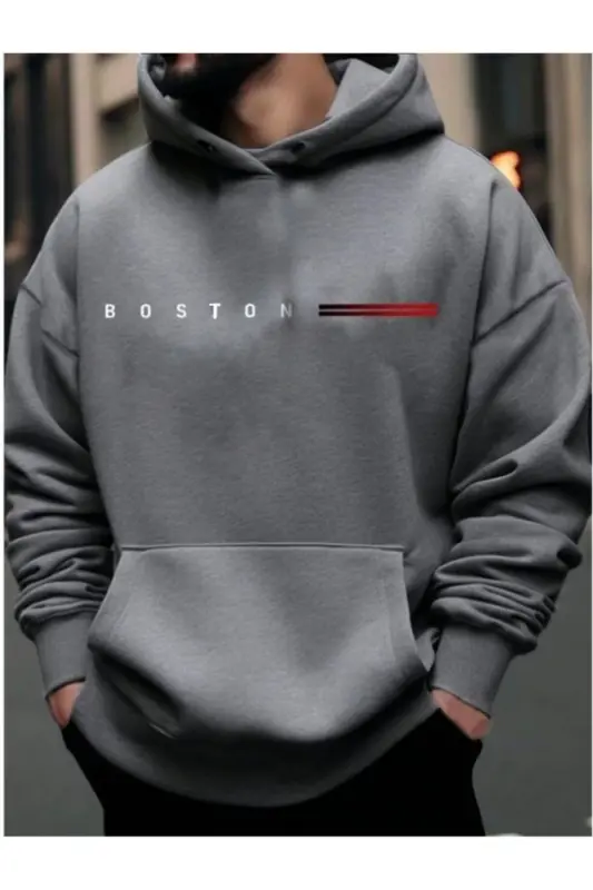 Erkek BOSTON = Baskılı Oversize Kapüşonlu Sweatshirt-füme - MOONBULL