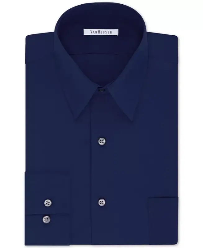 Men's Big & Tall Classic/Regular Fit Wrinkle Free Poplin Solid Dress Shirt-Persian Blue - VAN HEUSEN