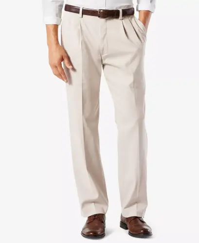 Men's Big & Tall Easy Classic Pleated Fit Khaki Stretch Pants-Light Beige - 2