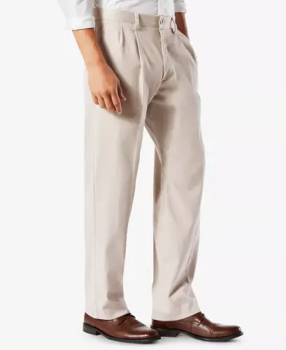 Men's Big & Tall Easy Classic Pleated Fit Khaki Stretch Pants-Light Beige - 7