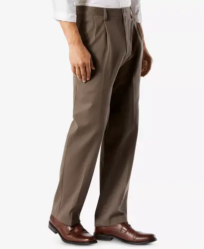 Men's Big & Tall Easy Classic Pleated Fit Khaki Stretch Pants-Medium Brown - 3