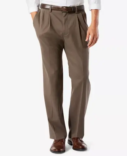 Men's Big & Tall Easy Classic Pleated Fit Khaki Stretch Pants - Medium Brown 