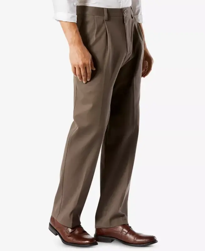 Men's Big & Tall Easy Classic Pleated Fit Khaki Stretch Pants - Medium Brown - 3