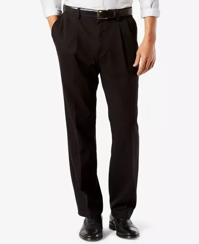 Men's Big & Tall Easy Classic Pleated Fit Khaki Stretch Pants - Black - 1