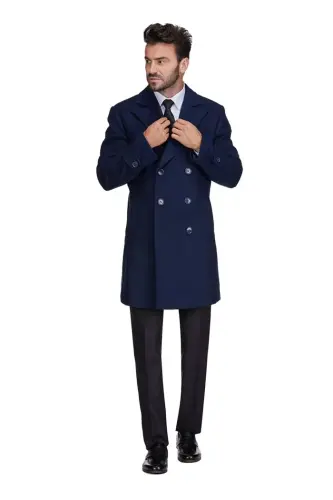 Men's Big & Tall Double Breasted Pea Coat Wool Blend Dress Peacoat - Navy - 2