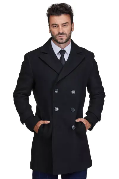 Men's Big & Tall Double Breasted Pea Coat Wool Blend Dress Peacoat-Black 