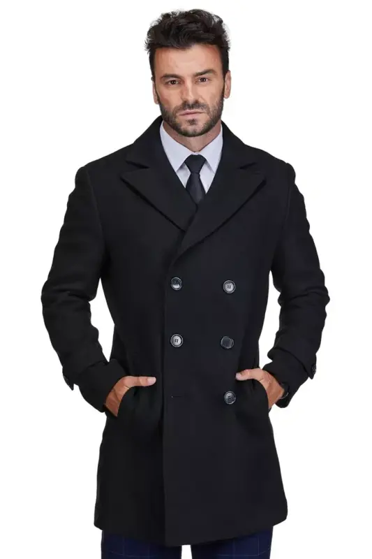 Men's Big & Tall Double Breasted Pea Coat Wool Blend Dress Peacoat - BRAVEMAN
