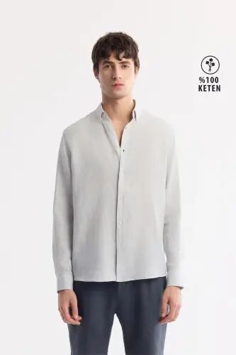 Erkek Buz Gri Comfort Fit %100 Keten Düğmeli Yaka Gömlek B002191-Buz Gri 
