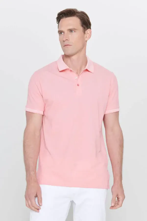 Erkek Çekmeyen Pamuklu Kumaş Slim Fit Dar Kesim Pembe-Beyaz Kıvrılmaz Polo Yaka Tişört-Pembe - 1