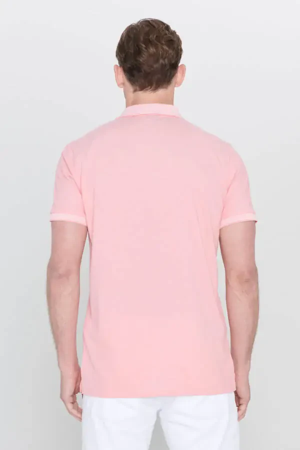 Erkek Çekmeyen Pamuklu Kumaş Slim Fit Dar Kesim Pembe-Beyaz Kıvrılmaz Polo Yaka Tişört-Pembe - 6