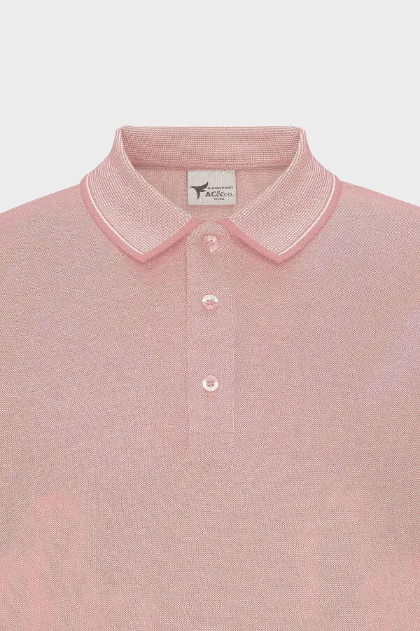 Erkek Çekmeyen Pamuklu Kumaş Slim Fit Dar Kesim Pembe-Beyaz Kıvrılmaz Polo Yaka Tişört-Pembe - 8