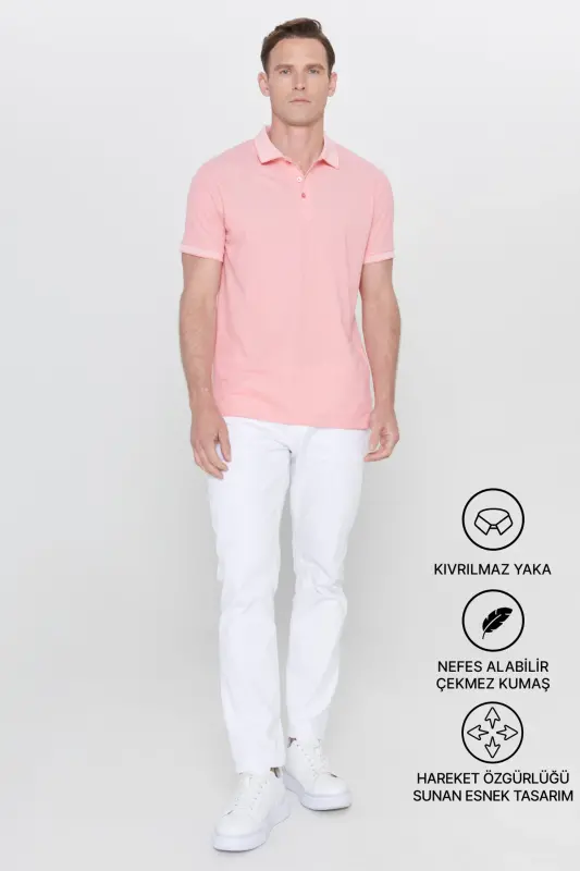 Erkek Çekmeyen Pamuklu Kumaş Slim Fit Dar Kesim Pembe-Beyaz Kıvrılmaz Polo Yaka Tişört - Pembe-Beyaz - 10