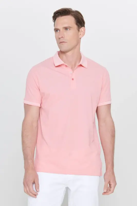 Erkek Çekmeyen Pamuklu Kumaş Slim Fit Dar Kesim Pembe-Beyaz Kıvrılmaz Polo Yaka Tişört - Pembe-Beyaz - AC&CO / ALTINYILDIZ CLASSICS
