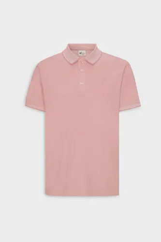 Erkek Çekmeyen Pamuklu Kumaş Slim Fit Dar Kesim Pembe-Beyaz Kıvrılmaz Polo Yaka Tişört - Pembe-Beyaz - 7
