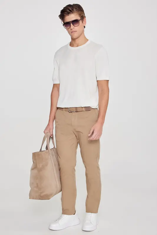 Erkek Camel Kanvas Diz İzi Yapmayan Slim Fit Dar Kesim Yan Cep Esnek Casual Pantolon - Camel - 9