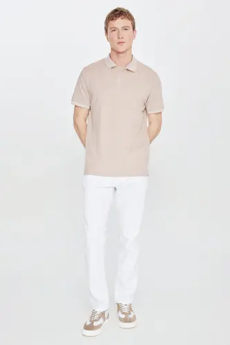 Erkek Çekmeyen Pamuklu Kumaş Comfort Fit Rahat Kesim Bej-beyaz Kıvrılmaz Polo Yaka Cepli Tişört - Bej-Beyaz - 6