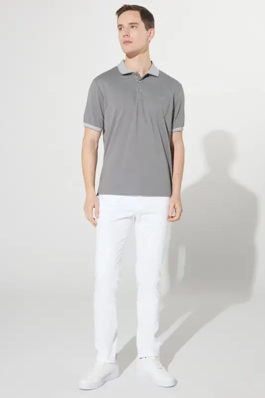 Erkek Çekmeyen Pamuklu Kumaş Comfort Fit Rahat Kesim Gri-gri Polo Yaka Cepli Tişört - GRI-GRI - 2