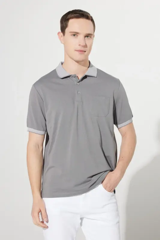 Erkek Çekmeyen Pamuklu Kumaş Comfort Fit Rahat Kesim Gri-gri Polo Yaka Cepli Tişört - GRI-GRI - 4